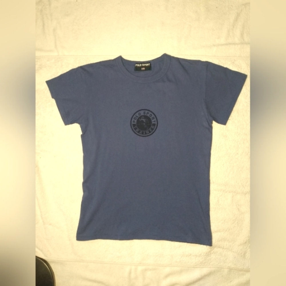 Rare Vintage POLO SPORT Ralph Lauren Purplish Blue Trainer Logo Tee T Shirt -S/M
